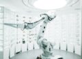 white robotic arm in display showroom