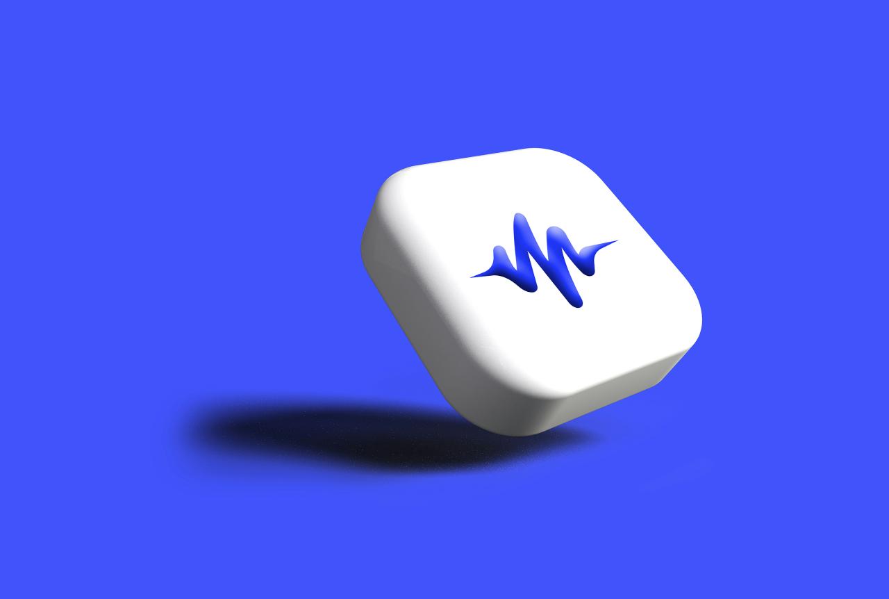 White cube with blue sound wave emblem on blue background