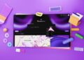 Digital design elements on a purple background