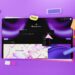 Digital design elements on a purple background